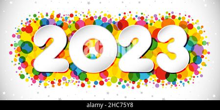A Happy New Year 2023 congrats. Horizontal logotype concept. Web banner idea. Snowy white backdrop. Abstract isolated graphic design template. Decorat Stock Vector