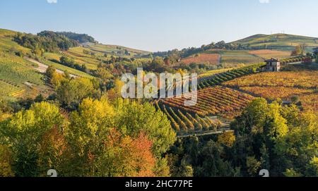 Beautiful hills and vineyards during fall season surrounding Barolo village. In the Langhe region, Cuneo, Piedmont, Italy. Stock Photo