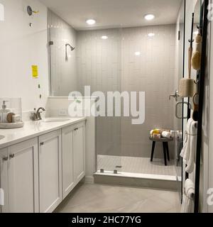 Orlando, FL USA - February 6, 2021:  A bathroom in a condominium model home. Stock Photo