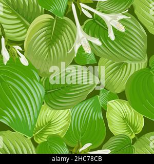 Seamless pattern with leaves and flowers of hosts on a green background Stock Vector