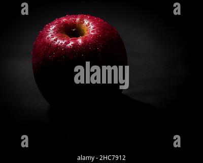 Red apple covered with waterdrops under the light on a black background Stock Photo