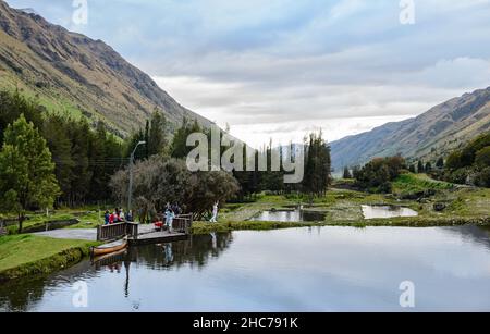 Ponds are built for trout farming in the Andes mountains, which provides sustainable food source. Cuenca, Ecuador, South America. Stock Photo