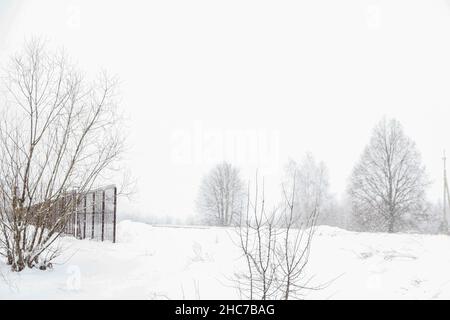 Minimalistic landscape in snowy winter season. Frosty winter morning. Cold weather background concept. Mysterious winter scene: dark trees silhouettes Stock Photo