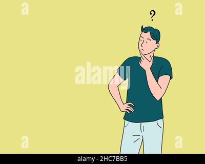 A young man thinks, asks questions. question mark symbol. Riddles and solutions Stock Vector