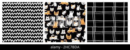 Set of abstract zigzag lines, cats and dogs animals hand drawn childish seamless patterns. Vector black white yellow illustrations. Stock Vector
