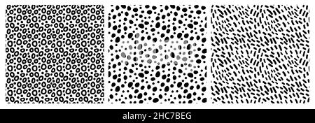 Set of monochrome abstract seamless patterns of bubbles, dots, hand drawn lines. Vector illustration on white with black circles, dots shapes. Stock Vector