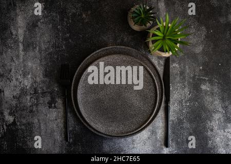 Minimalistic place setting with succulent plants in  pot on dark stone background Stock Photo
