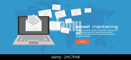 Email marketing banner on the laptop screen with envelopes on the back. Vector illustration EPS10. Stock Vector