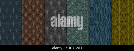 Set of geometric seamless pattern circle design. Traditional background wave lines with dark color Stock Vector