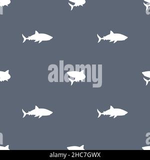 White silhouette sharks seamless pattern on blue background. Simple monochrome endless vector illustration Stock Vector