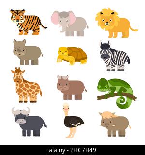 Set of simple vector cartoon isolated Savannah animals in flat style. Tiger, lion, rhinoceros, common warthog, African buffalo, tortoise, chameleon ze Stock Vector