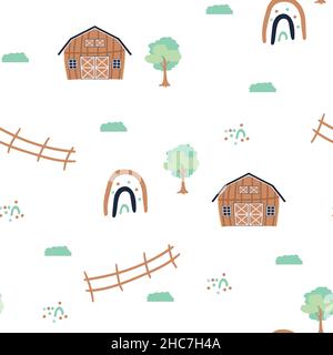 Cute brown barn, green trees, fence, rainbow farm cartoon seamless pattern on white background. Vector illustration for kids, flat style Stock Vector
