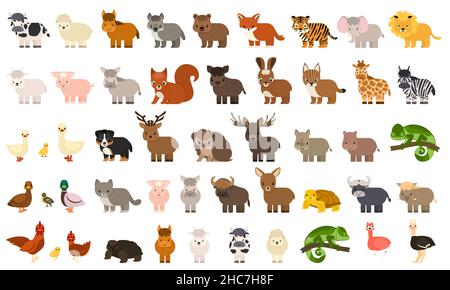 Big bundle of 50 funny domestic, farm, forest, wild animals, birds in flat style. Colorful vector illustration of collection of cute cartoon character Stock Vector