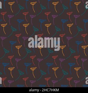 Seamless pattern of colored hand drawn floral elements in color trends on a dark background. Vector illustrations for textiles, wrapping paper, packaging bags, business cards, etc. Stock Vector