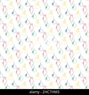 Multicolored abstract Seamless pattern from a handdrawning one line Christmas tree decorations in the style of minimalism on the white color background. Repeating texture for design of wrapping paper and napkins for menus or fabrics. Vector illustration Stock Vector