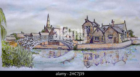 Ink and Watercolour Pointillist Style painting of The Chinese Bridge  and Causeway at Godmanchester  Cambridgeshire. Stock Photo