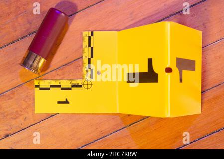 A 12 gauge shotgun shell sits on a wooden floor near an evidence marker. Stock Photo