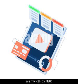 Flat 3d Isometric Video Play Icon on Digital Tablet with Subscription Plan Table. Video Streaming and Subscription Business Model Concept. Stock Vector