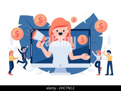 Woman inside Monitor Refer A Friend to Join Referral Program Through Megaphone. Referral Marketing Program Concept. Stock Vector