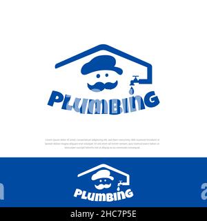 Home plumber logo, icon head plumber wearing a hat with a thick mustache.symbol,icon,illustration,design template Stock Vector