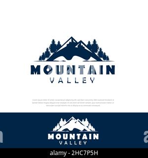 Mountain and pine tree logo nature adventure, campsite and valley Stock Vector