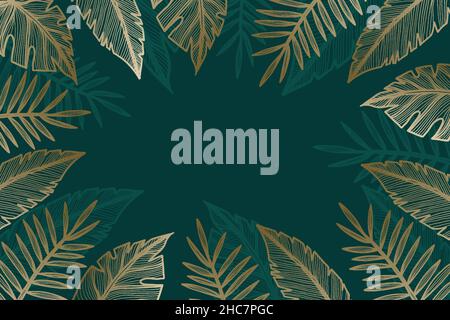 hand drawn linear golden leaves background. hand drawn leaves vector design Stock Vector