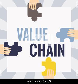 Text sign showing Value Chain. Word Written on set of functional activities making the product more valuable Illustration Of Hands Holding Puzzle Stock Photo