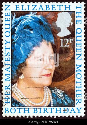 UNITED KINGDOM - CIRCA 1980: A stamp printed in United Kingdom issued for the 80th birthday of the Queen Mother shows Queen Elizabeth the Queen Mother. Stock Photo