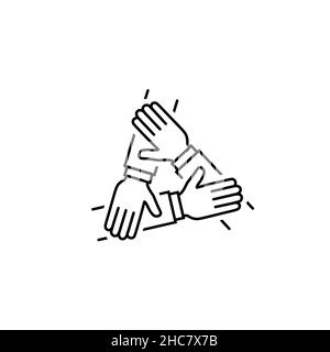 Three hands support each other vector icon. Teamwork symbol Simple partnership sign isolated on white background. Abstract cooperation icon in black M Stock Vector