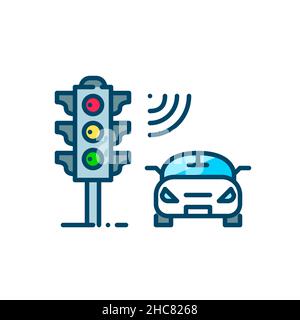 Smart traffic control system. Traffic light equipped with sensors. Internet of things technology. Pixel perfect, editable stroke colorful icon Stock Vector