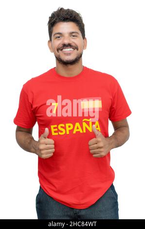 Happy spanish soccer fan with beard and red jersey isolated on white background for cut out Stock Photo