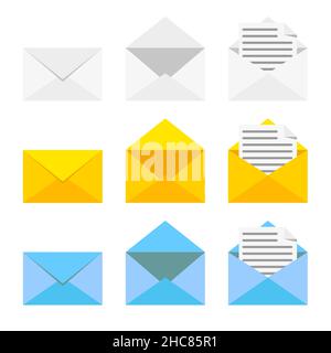 Set of icons with a picture of a closed letter. Paper document enclosed in an envelope. Delivery of correspondence or office documents. Vector illustr Stock Vector
