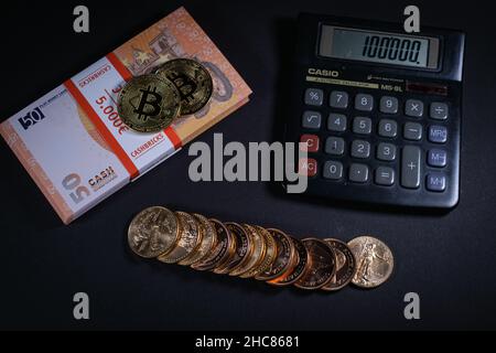 gold coins are lying next to a stack of euro banknotes, bitcoin and euín calculator Stock Photo