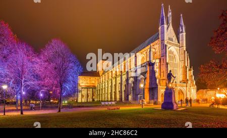 Winchester, England - Nov. 21, 2021. Winchester Cathedral is one of the finest medieval cathedrals in Europe. and the resting place of Saxon royalty, Stock Photo