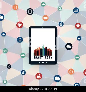 Colorful Smart City Design Concept with Icons - Digital Network Connections, Technology Background Stock Vector