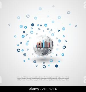 Colorful smart city design concept with icons representing various IoT devices and consumer services. Digital network communication, technology backgr Stock Vector