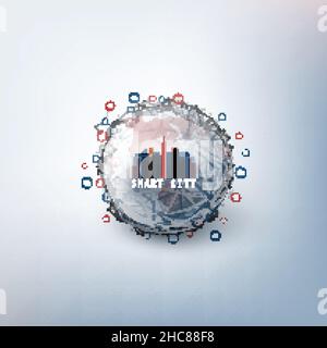 Colorful Smart City Design Concept with Icons Representing Various IoT Devices and Consumer Services - Digital Network Connections, Technology Backgro Stock Vector