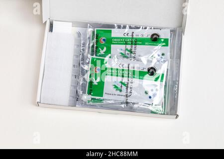An open Covid 19 Lateral Flow self testing kit Stock Photo