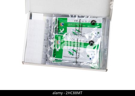 An open Covid 19 Lateral Flow self testing kit Stock Photo