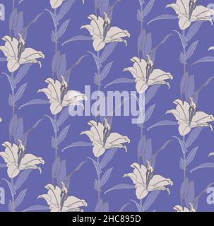 Floral seamless pattern of ily flowers in white and lilac color with bronze outline. lilacDecorative print for wallpaper, wrapping, textile, fashion fabric or other printable covers. Stock Vector