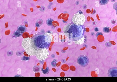 T-cells attack acute myeloid leukemia (AML) cells in blood flow - isometric view 3d illustration Stock Photo