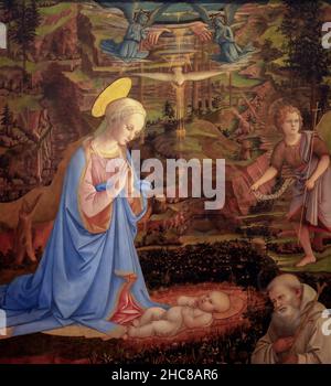 Filippo Lippi, Camaldoli Nativity, Adoration of the Christ Child with the Young St. John the Baptist, St. Romuald, Angels, the Hands of God the Father Stock Photo