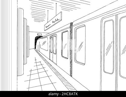 Subway station platform graphic black white sketch illustration vector Stock Vector