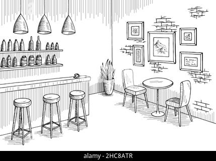 Cafe bar graphic black white interior sketch illustration vector Stock Vector