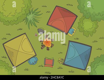 Camping graphic color sketch aerial view illustration vector Stock Vector