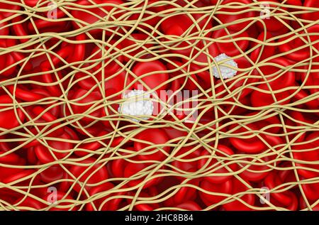 Blood clot. The red blood cells and white blood cells are trapped in filaments of fibrin protein. Isometric view 3d illustration Stock Photo