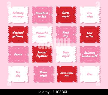 Coupon book for Valentines day. Love night tickets. Best gift for boyfriend. Present for couples. Vector cards templates in cartoon style Stock Vector