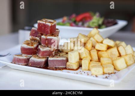 scorched tuna squares Stock Photo