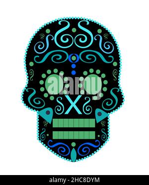 Skull vector for fashion design, prints, ornament details  on the white background: Blue and green color. Stock Photo