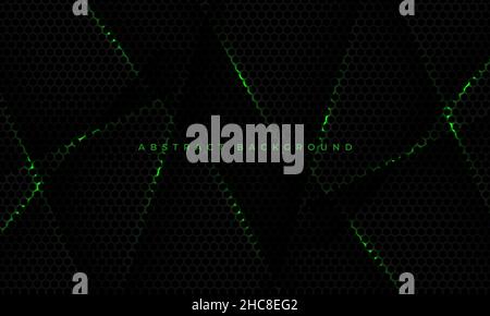 Black hexagon carbon fiber gaming sports tech background with green lines and shadow objects. Honeycomb technology abstract backdrop. Hexagonal carbon Stock Vector